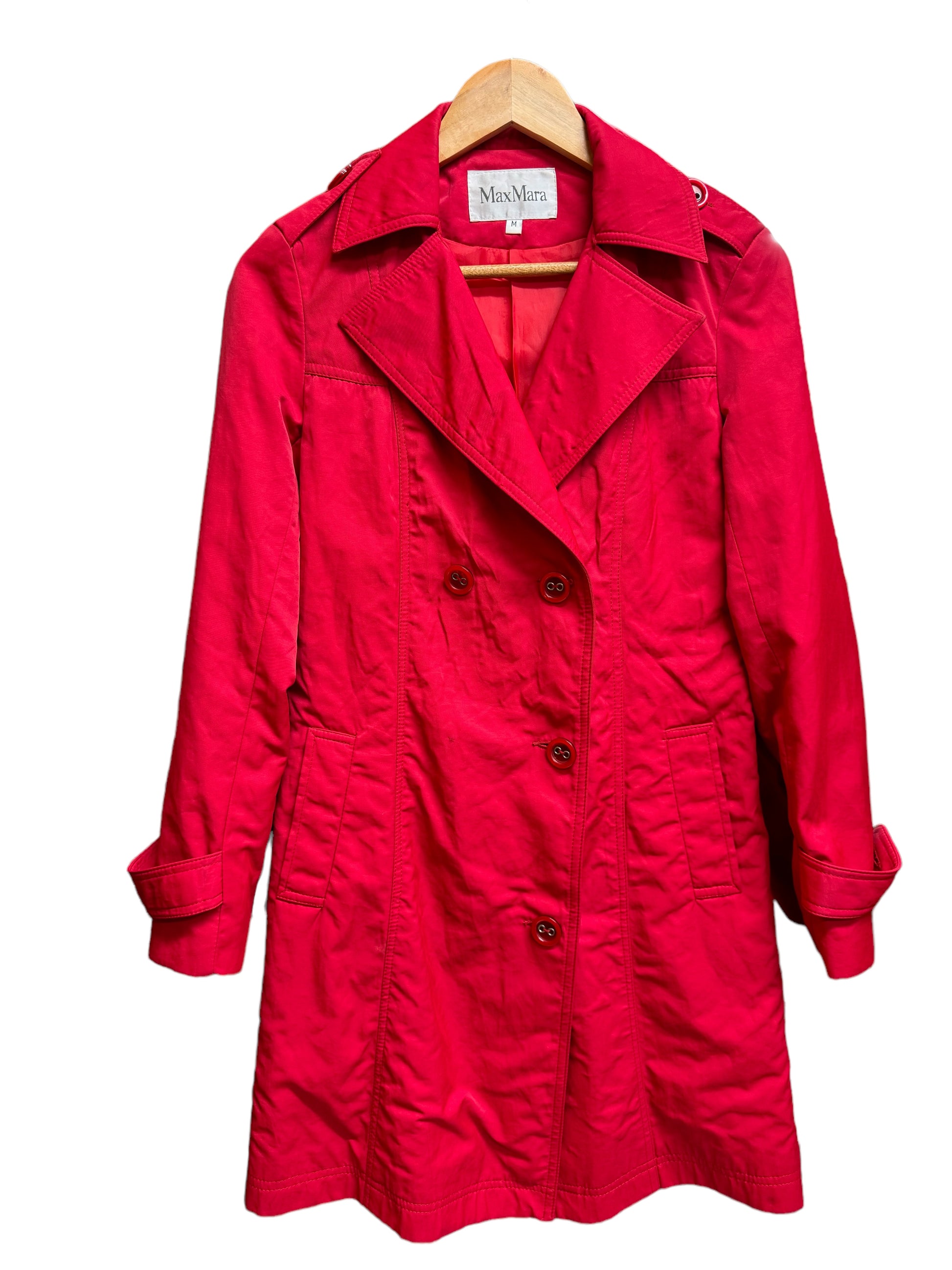 Vintage MaxMara red double-breasted trench coat size S on hanger in good condition