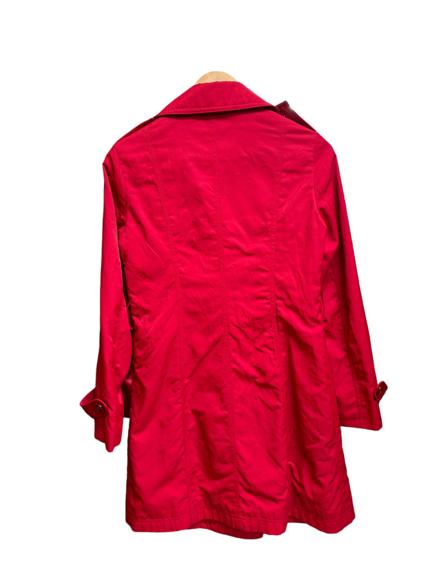 Vintage MaxMara red double-breasted trench coat size S, back view showing good condition despite signs of wear.