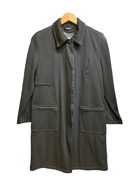 Vintage Fendi black long coat with vertical linings, front pockets, and zipper details, approximately UK10 fit, displayed on a hanger.